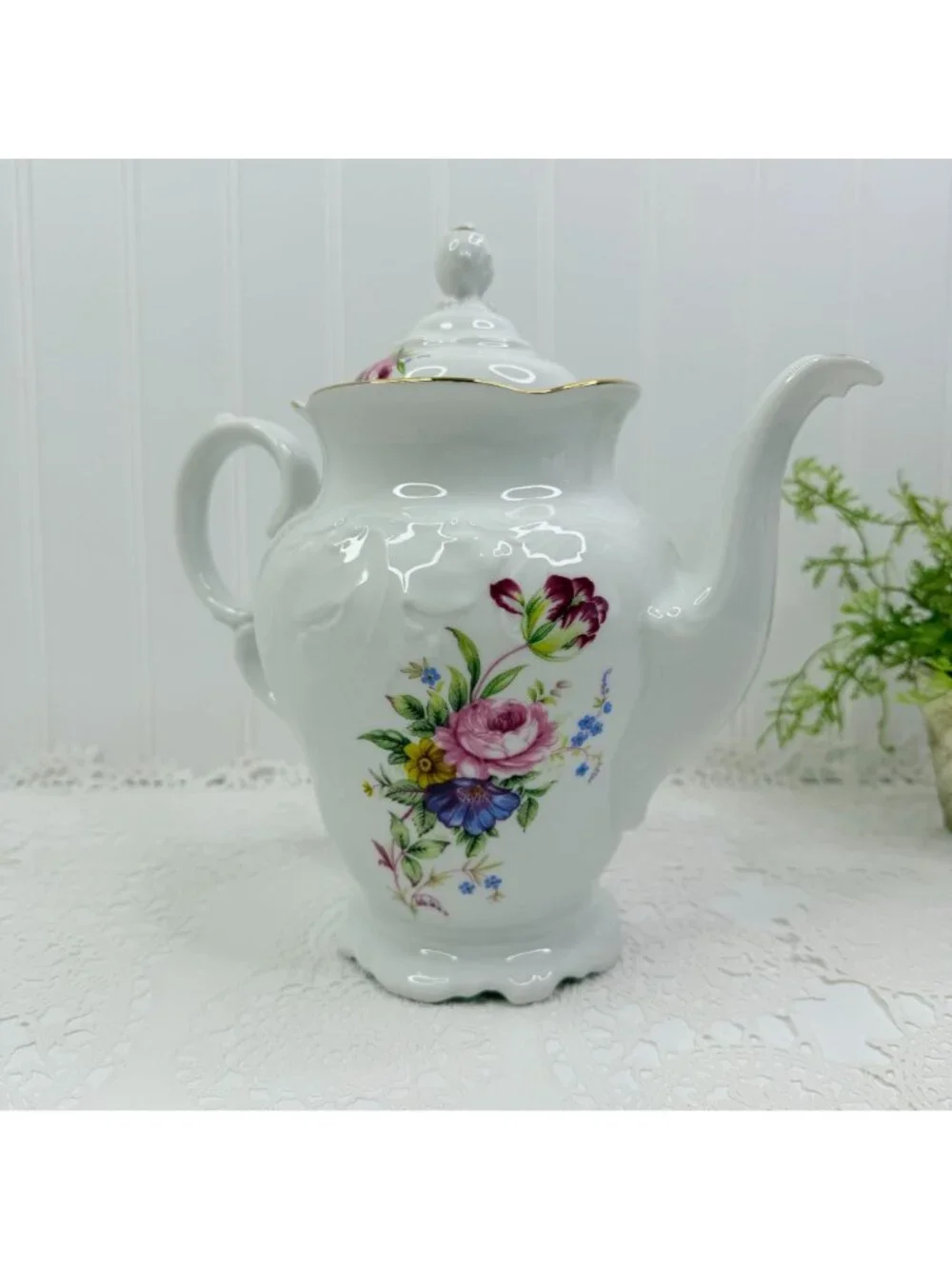 Vtg Royal Kent Poland Floral Teapot Porcelain Coffee Pot Rose Gold Trim Embossed